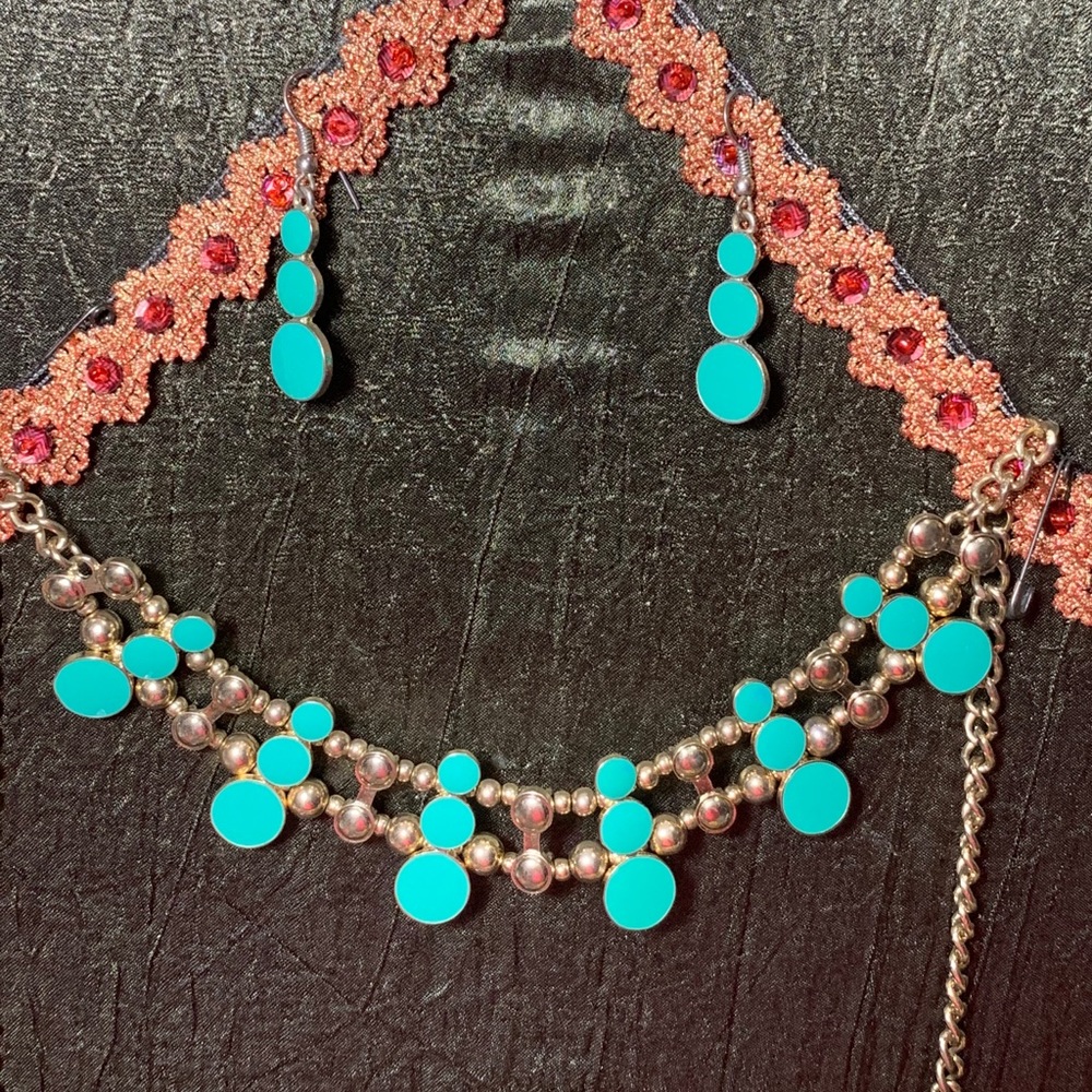 Teal And Gold Necklace and Earring Set